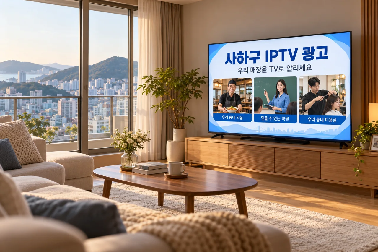 사하구 IPTV 광고 예시가 TV 화면에 나오는 거실 모습