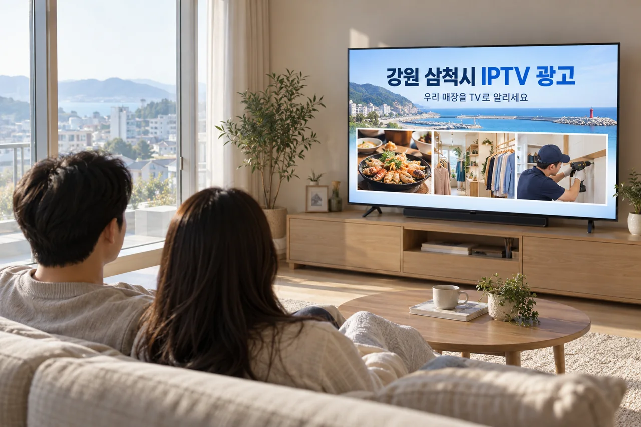 삼척시 IPTV 광고 예시가 TV 화면에 나오는 거실 모습