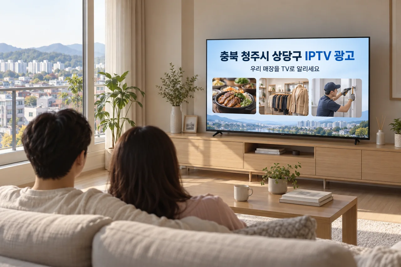 상당구 IPTV 광고 예시가 TV 화면에 나오는 거실 모습