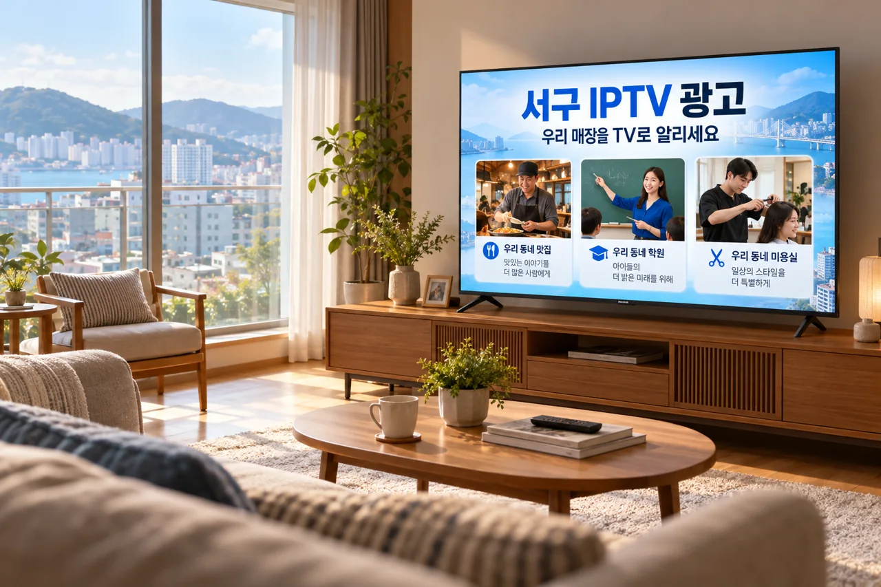 서구 IPTV 광고 예시가 TV 화면에 나오는 거실 모습