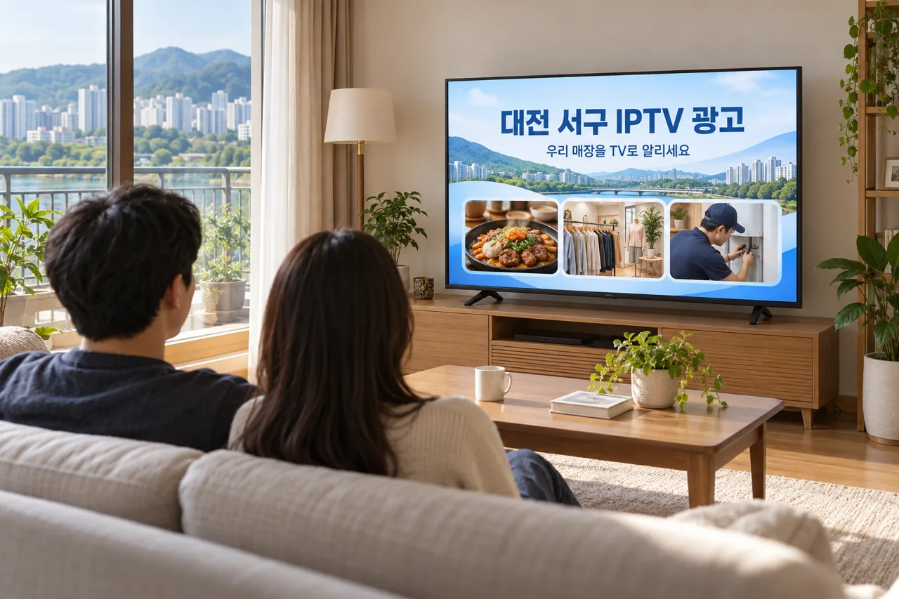 서구 IPTV 광고 예시가 TV 화면에 나오는 거실 모습