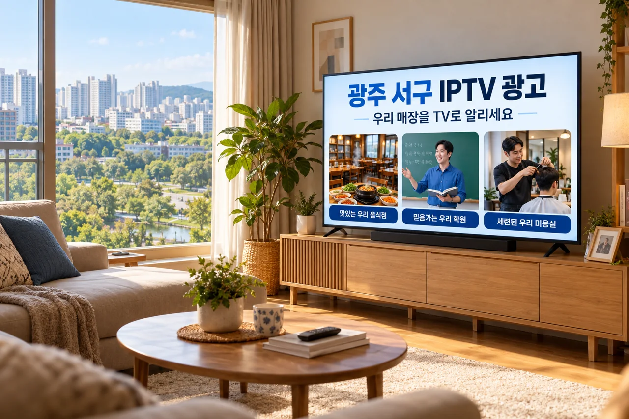 서구 IPTV 광고 예시가 TV 화면에 나오는 거실 모습
