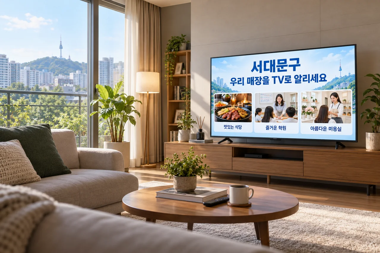 서대문구 IPTV 광고 예시가 TV 화면에 나오는 거실 모습