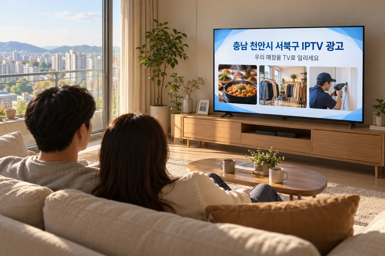 서북구 IPTV 광고 예시가 TV 화면에 나오는 거실 모습