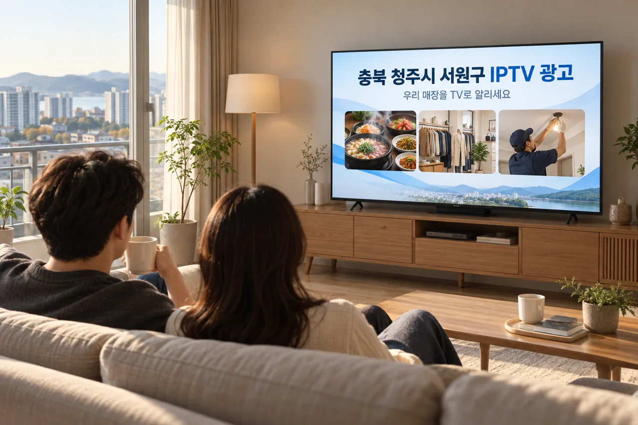 서원구 IPTV 광고 예시가 TV 화면에 나오는 거실 모습