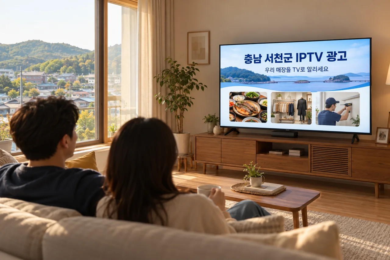 서천군 IPTV 광고 예시가 TV 화면에 나오는 거실 모습