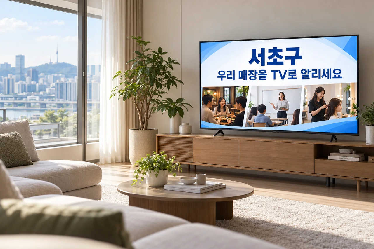 서초구 IPTV 광고 예시가 TV 화면에 나오는 거실 모습