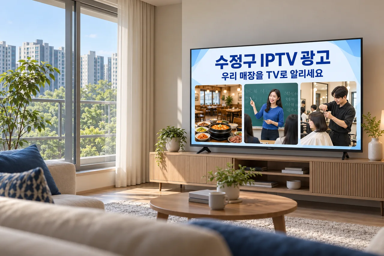 수정구 IPTV 광고 예시가 TV 화면에 나오는 거실 모습