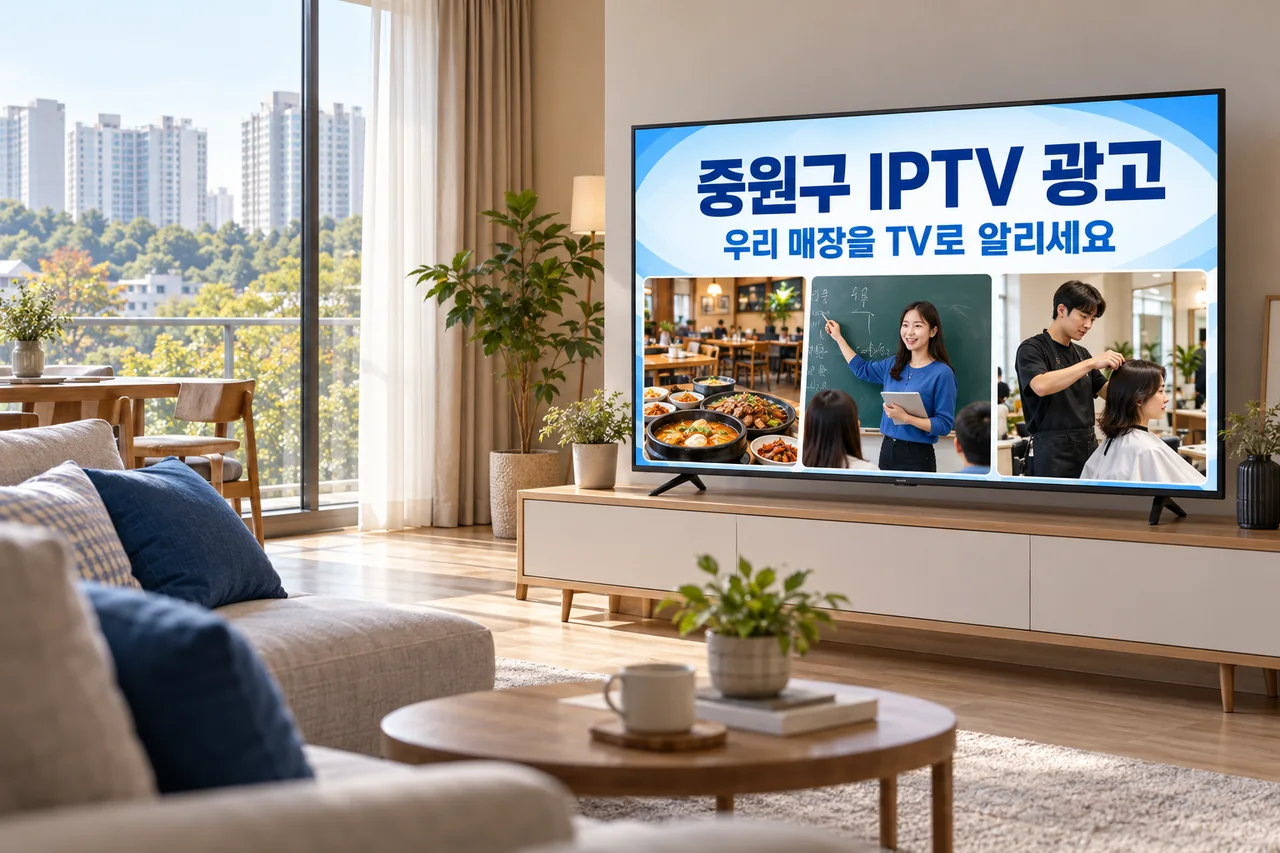 중원구 IPTV 광고 예시가 TV 화면에 나오는 거실 모습
