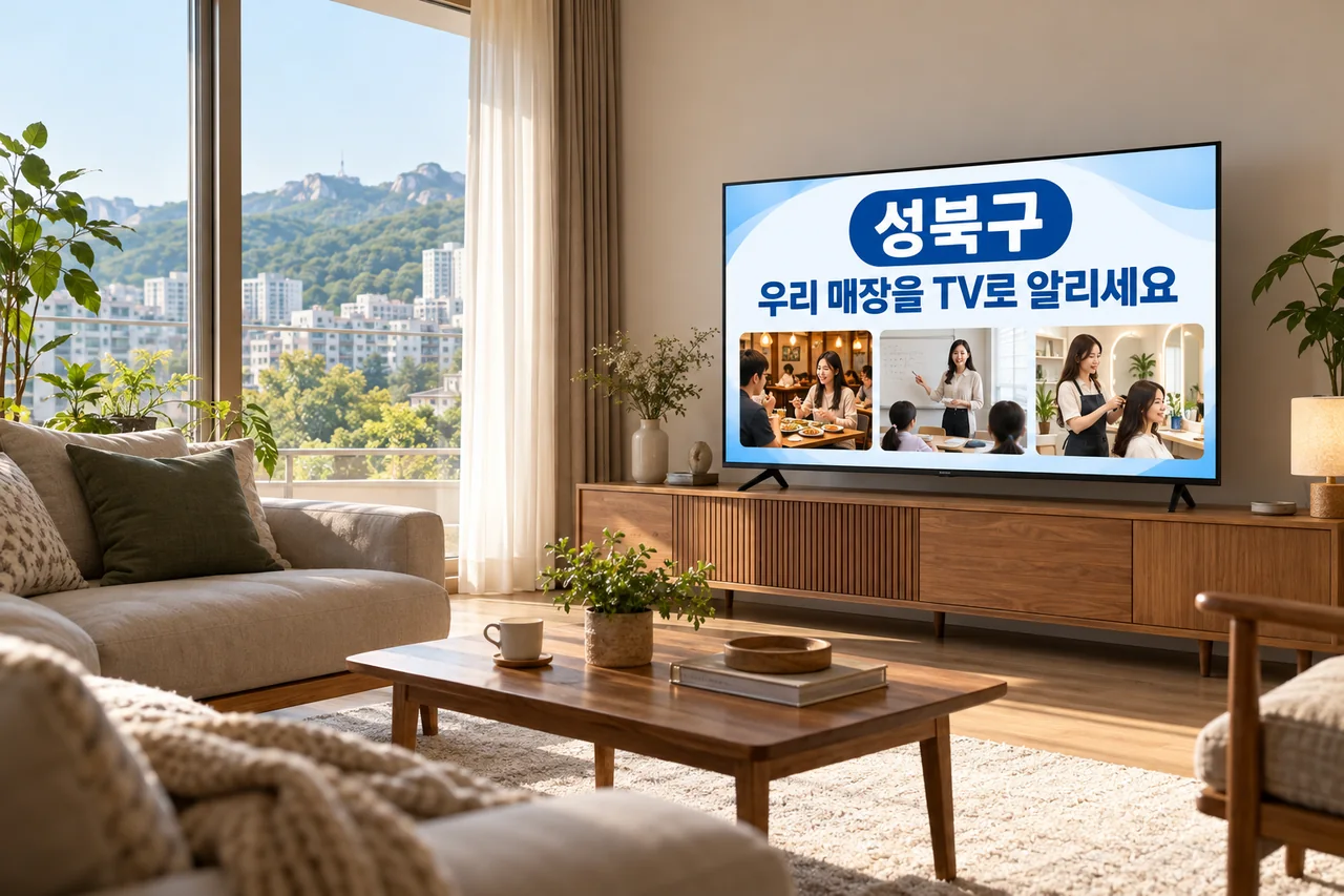 성북구 IPTV 광고 예시가 TV 화면에 나오는 거실 모습