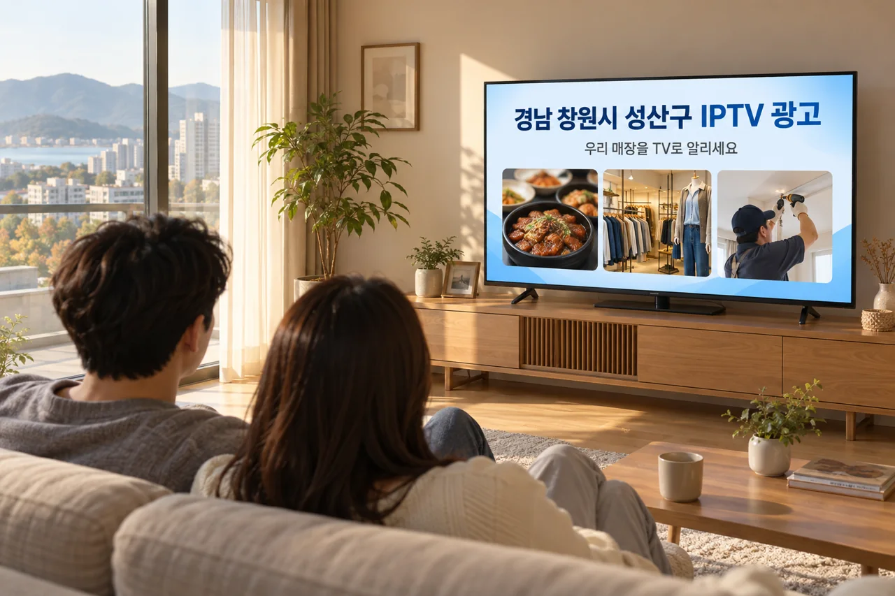 성산구 IPTV 광고 예시가 TV 화면에 나오는 거실 모습
