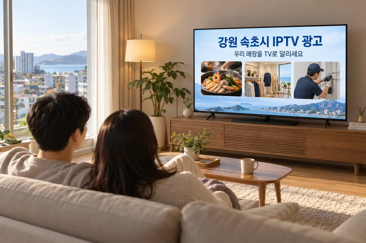 속초시 IPTV 광고 예시가 TV 화면에 나오는 거실 모습