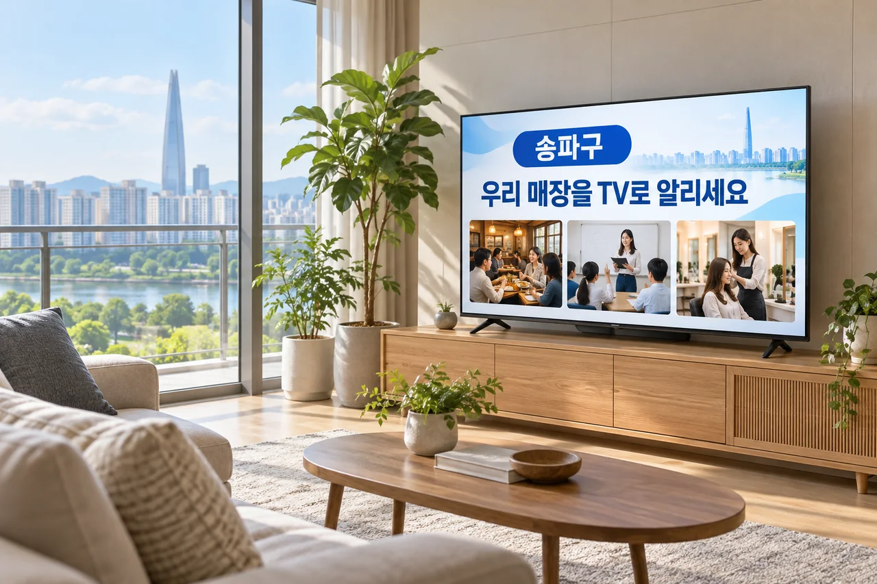 송파구 IPTV 광고 예시가 TV 화면에 나오는 거실 모습