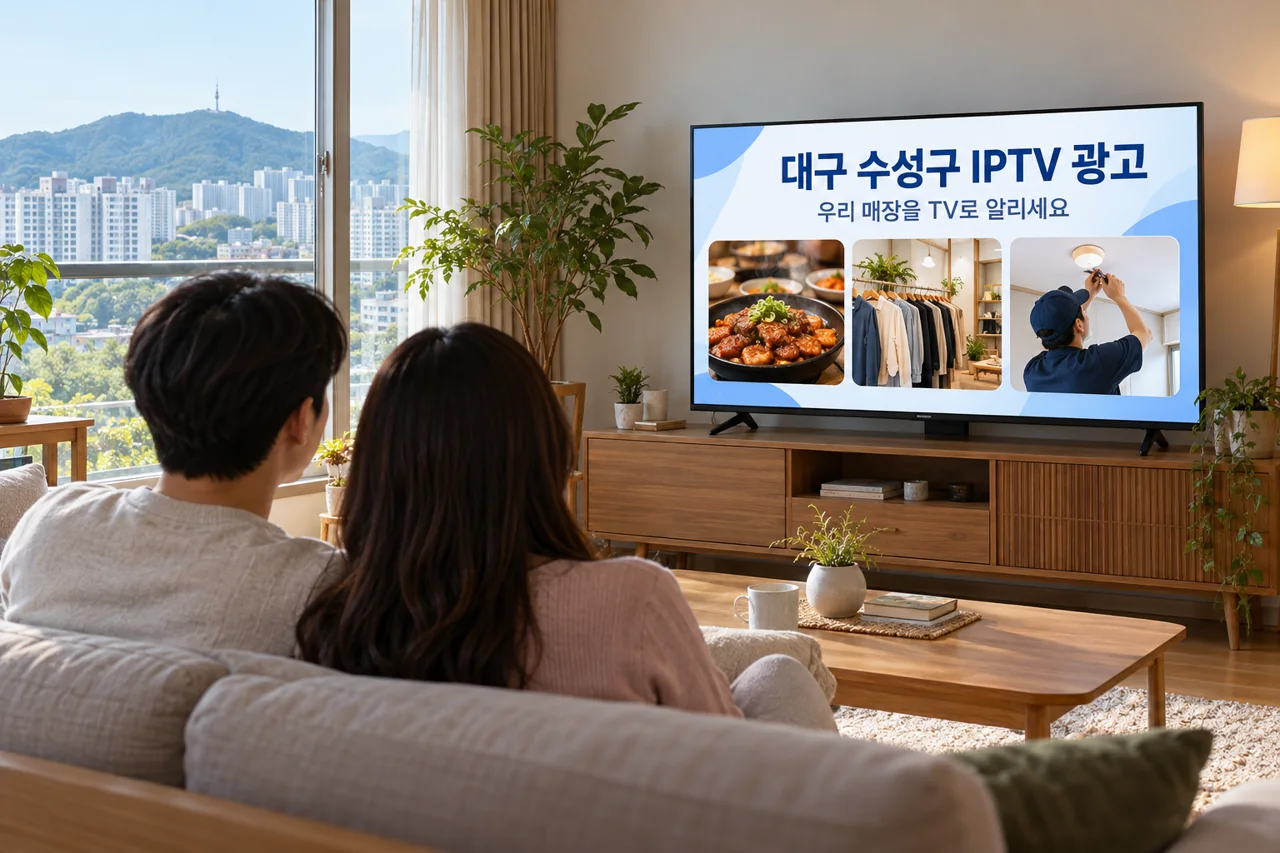 수성구 IPTV 광고 예시가 TV 화면에 나오는 거실 모습