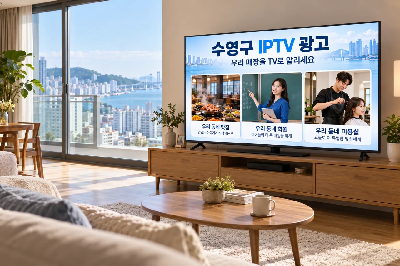 수영구 IPTV 광고 예시가 TV 화면에 나오는 거실 모습