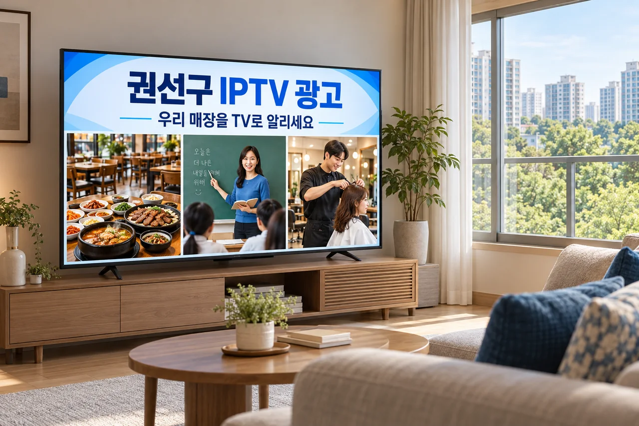 권선구 IPTV 광고 예시가 TV 화면에 나오는 거실 모습