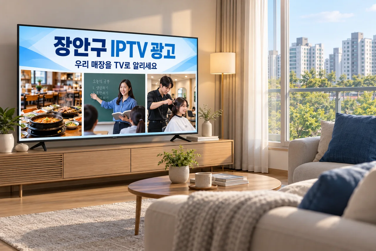 장안구 IPTV 광고 예시가 TV 화면에 나오는 거실 모습