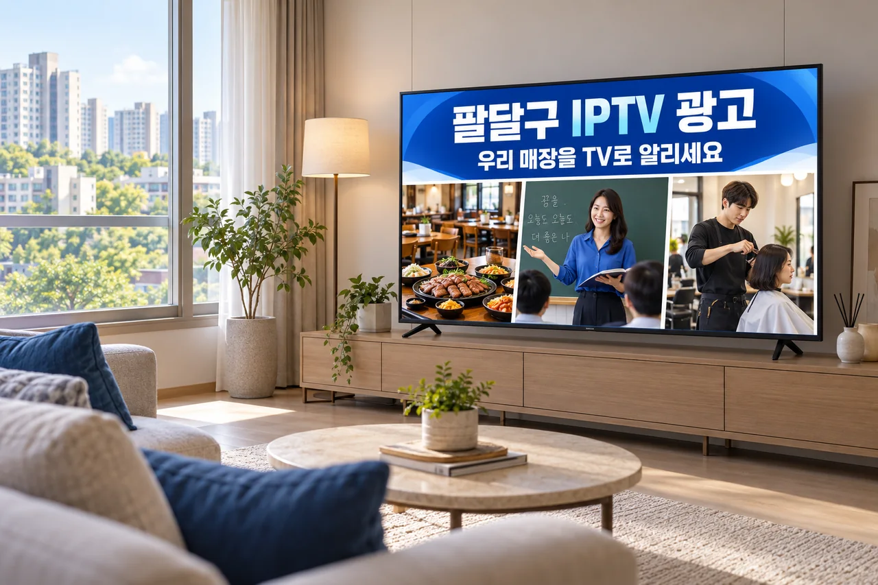 팔달구 IPTV 광고 예시가 TV 화면에 나오는 거실 모습