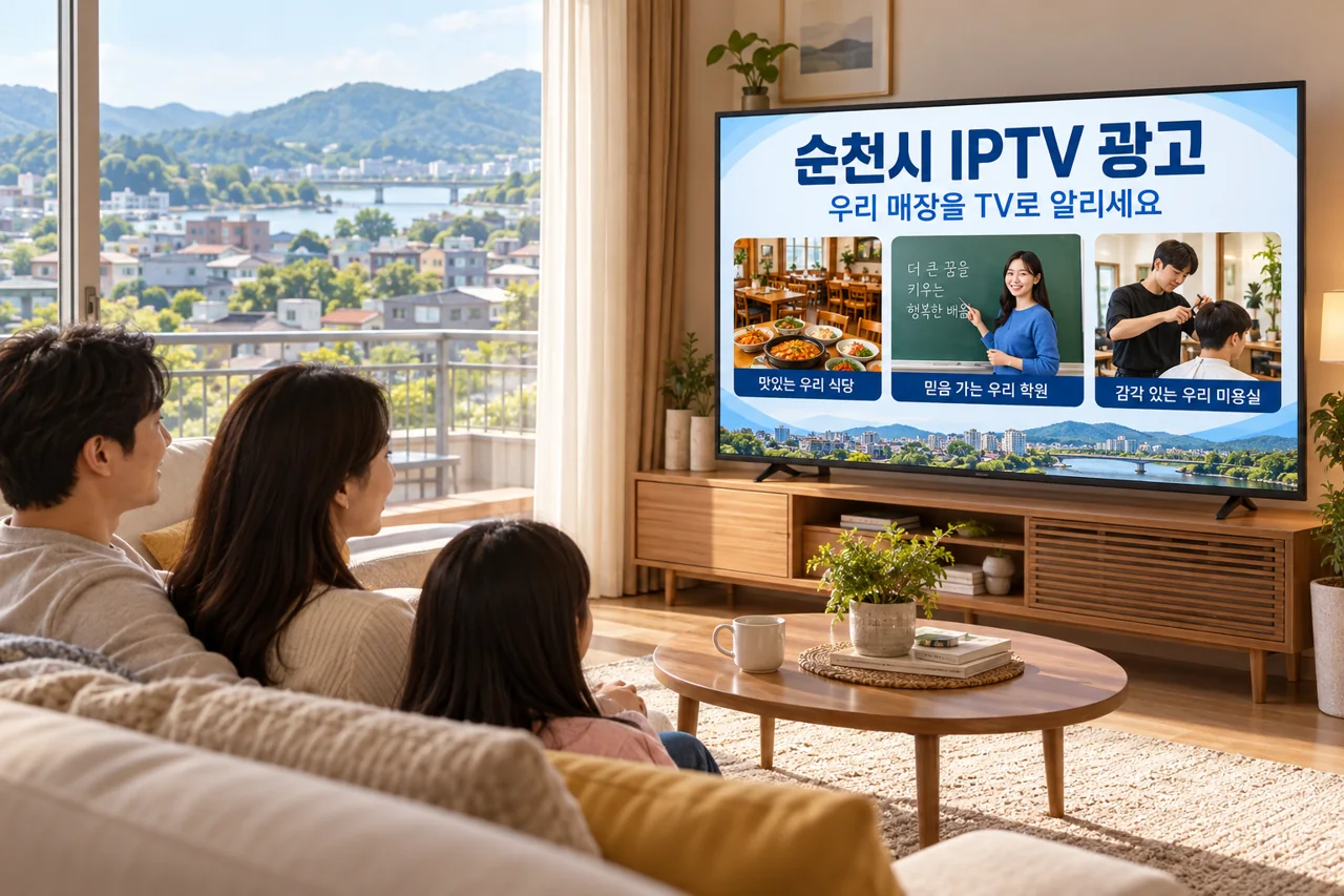 순천시 IPTV 광고 예시가 TV 화면에 나오는 거실 모습