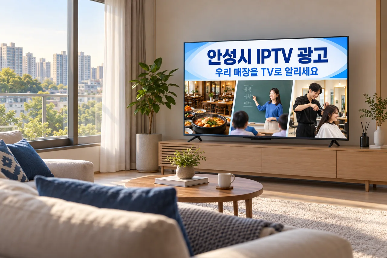 안성시 IPTV 광고 예시가 TV 화면에 나오는 거실 모습
