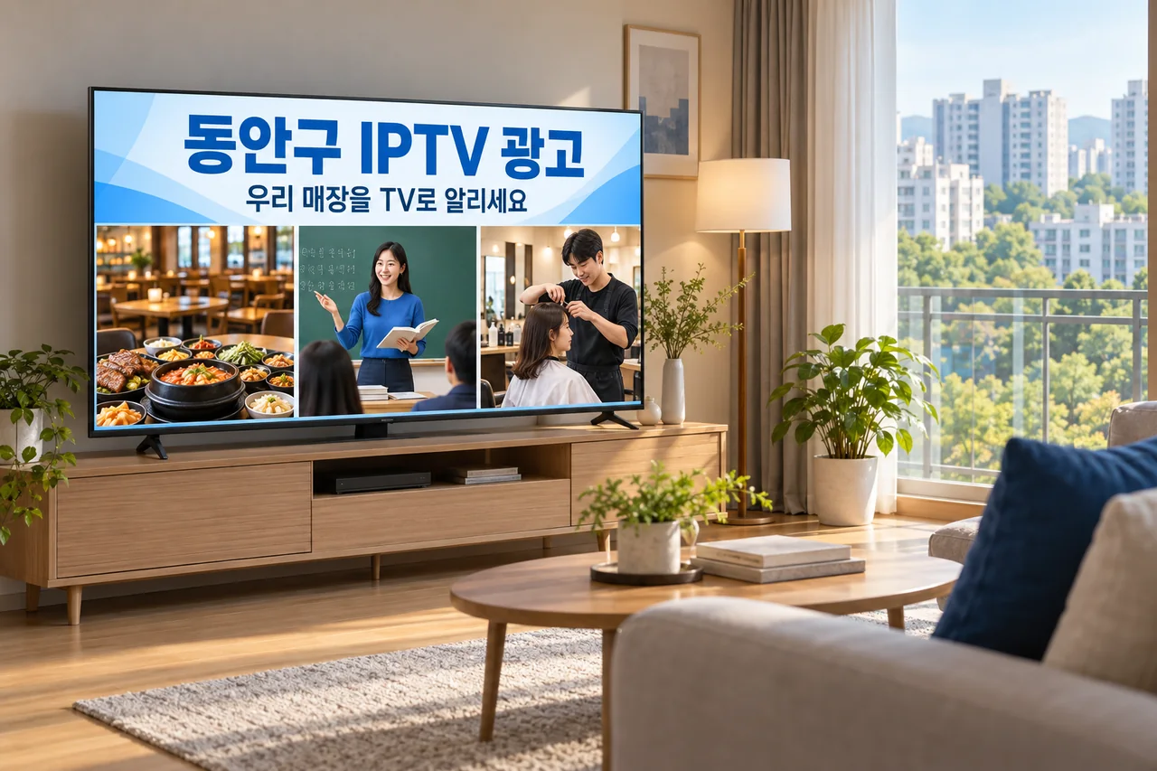 동안구 IPTV 광고 예시가 TV 화면에 나오는 거실 모습