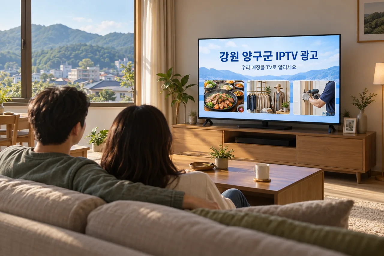 양구군 IPTV 광고 예시가 TV 화면에 나오는 거실 모습