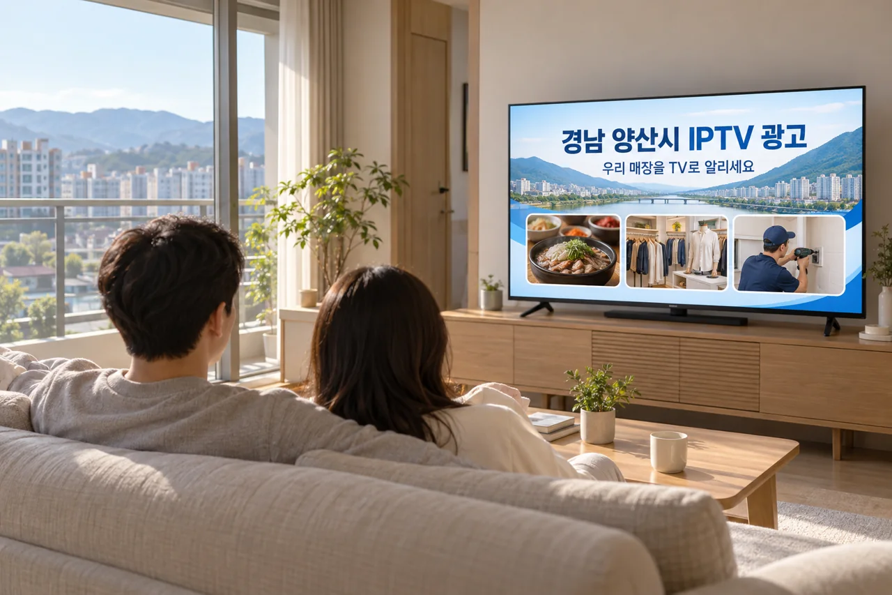 양산시 IPTV 광고 예시가 TV 화면에 나오는 거실 모습