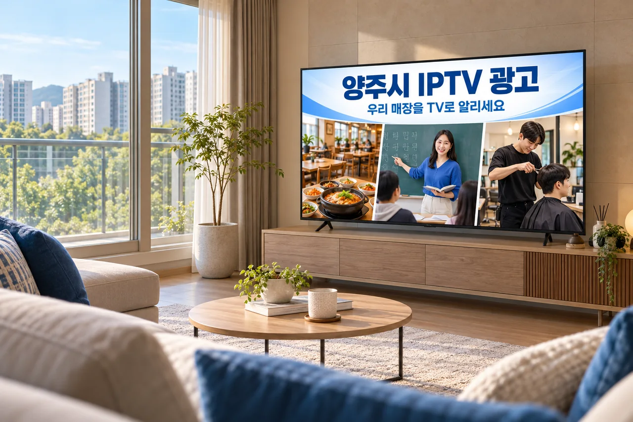 양주시 IPTV 광고 예시가 TV 화면에 나오는 거실 모습