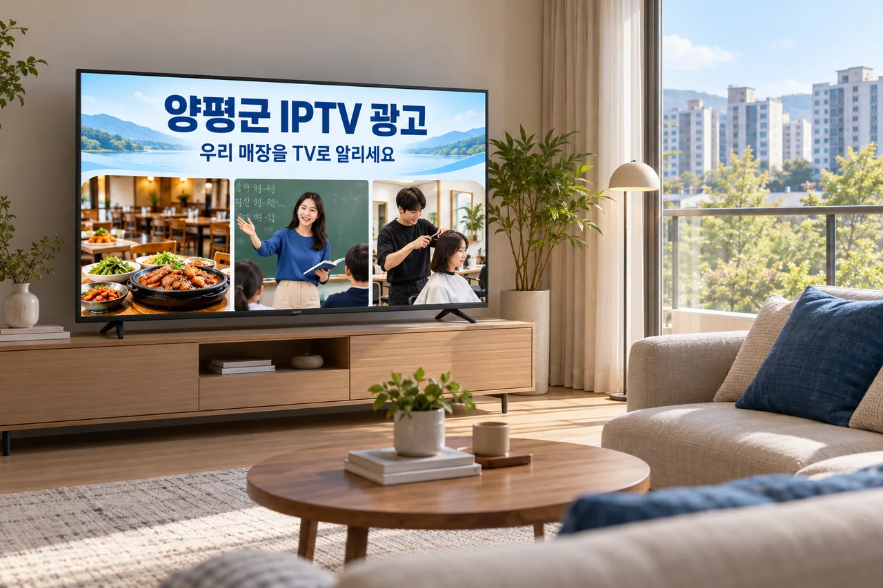 양평군 IPTV 광고 예시가 TV 화면에 나오는 거실 모습