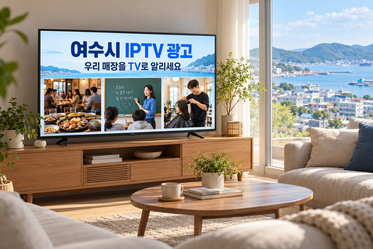 여수시 IPTV 광고 예시가 TV 화면에 나오는 거실 모습