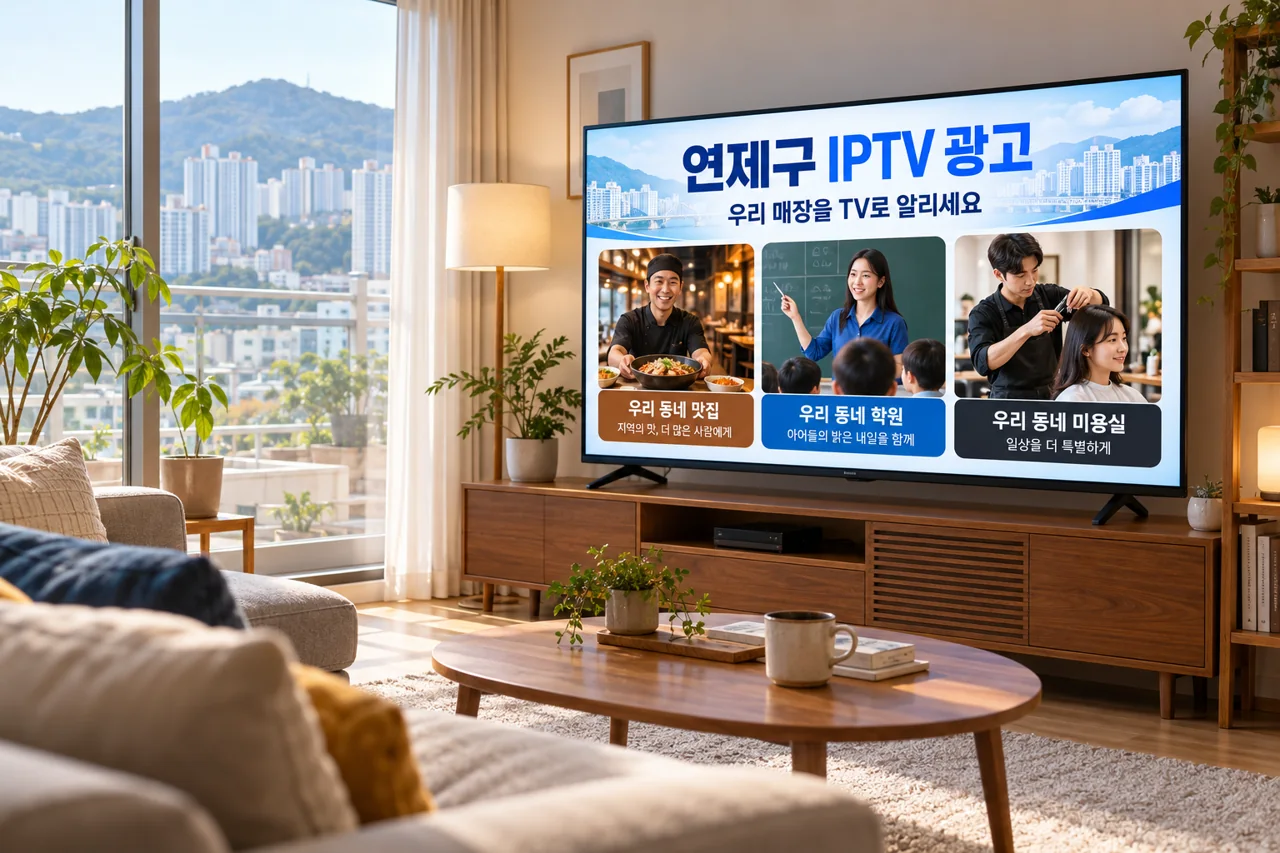 연제구 IPTV 광고 예시가 TV 화면에 나오는 거실 모습