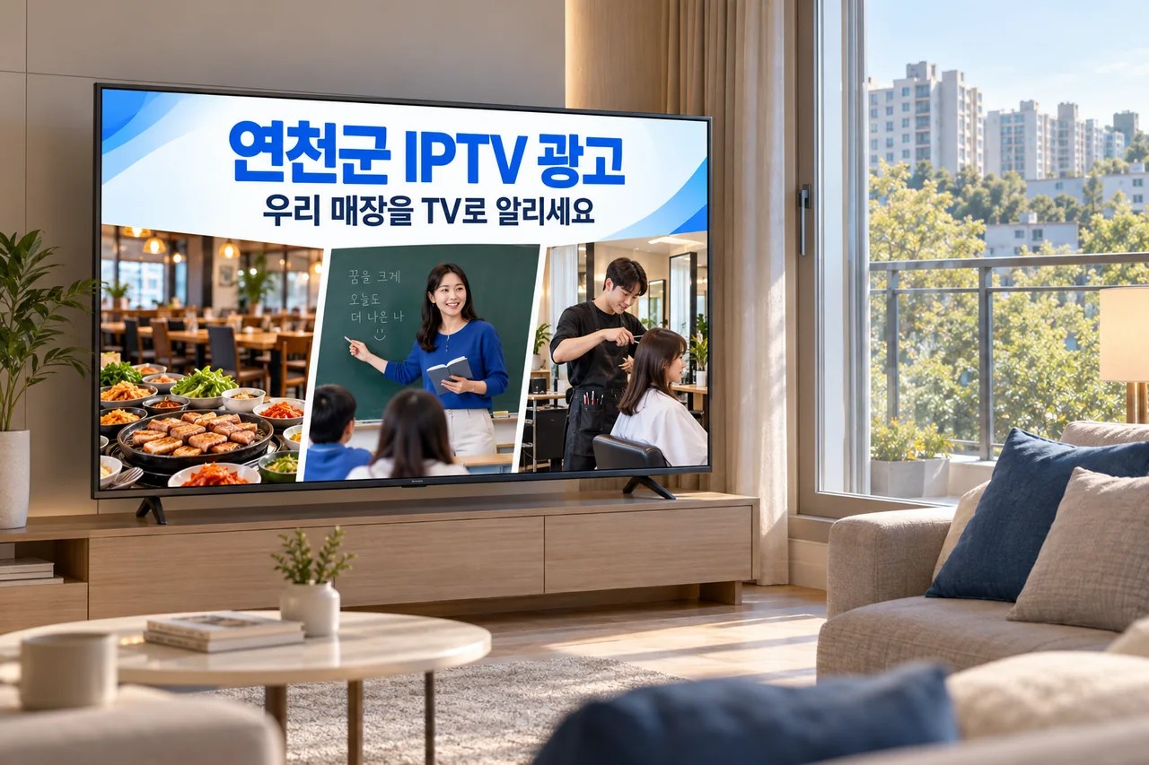 연천군 IPTV 광고 예시가 TV 화면에 나오는 거실 모습