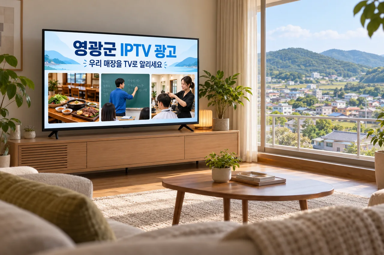 영광군 IPTV 광고 예시가 TV 화면에 나오는 거실 모습