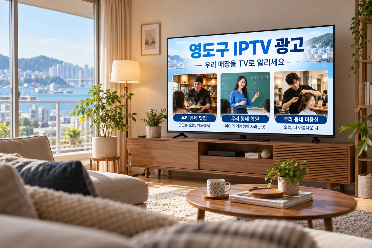 영도구 IPTV 광고 예시가 TV 화면에 나오는 거실 모습