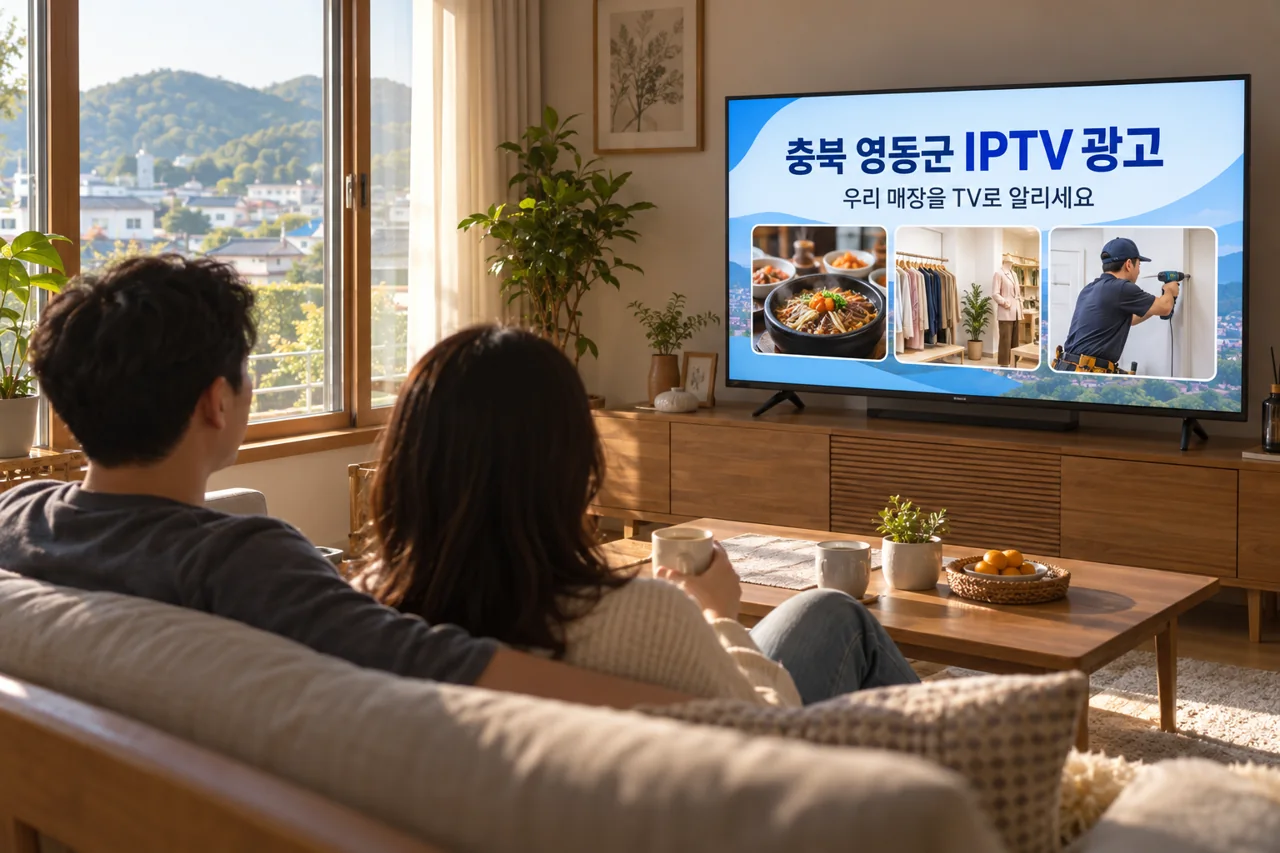 영동군 IPTV 광고 예시가 TV 화면에 나오는 거실 모습