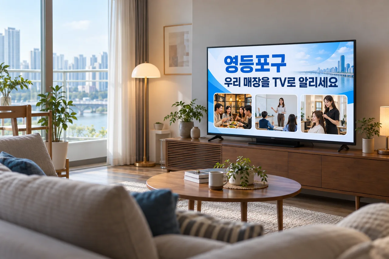 영등포구 IPTV 광고 예시가 TV 화면에 나오는 거실 모습