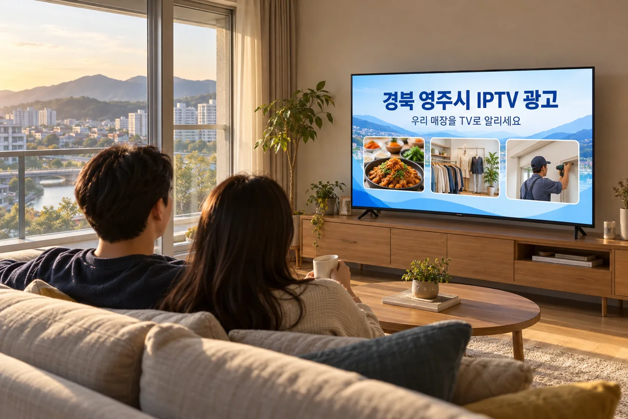 영주시 IPTV 광고 예시가 TV 화면에 나오는 거실 모습