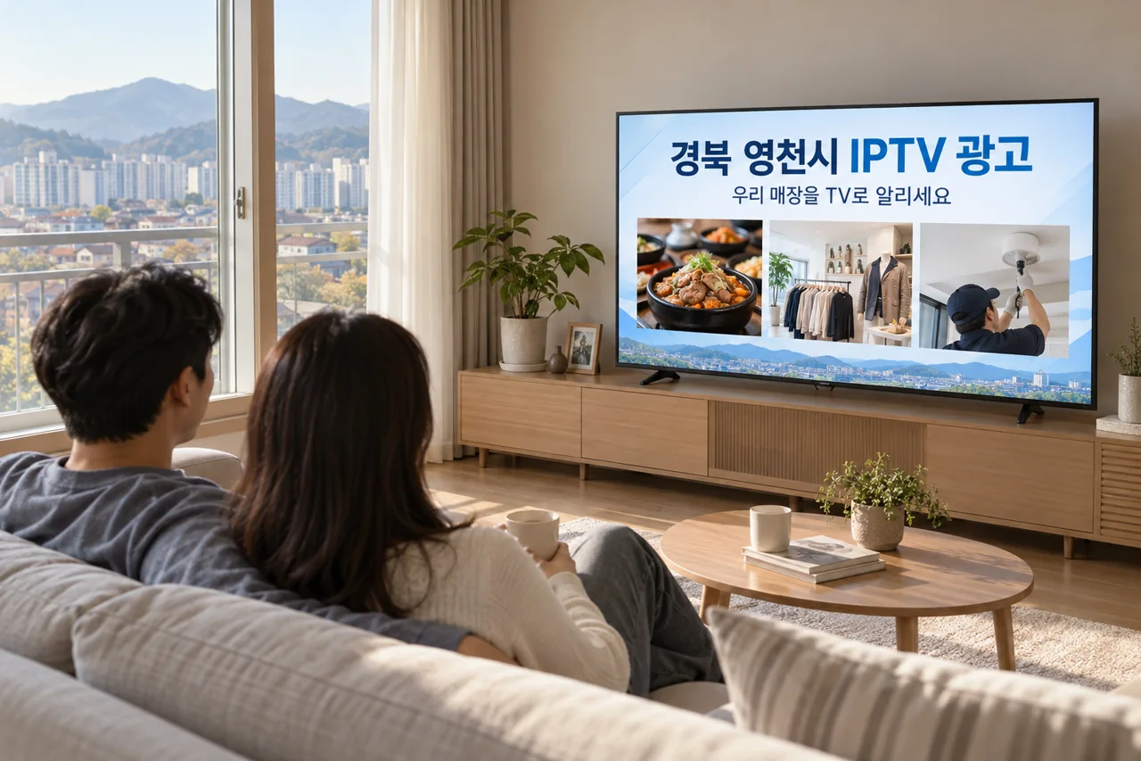 영천시 IPTV 광고 예시가 TV 화면에 나오는 거실 모습