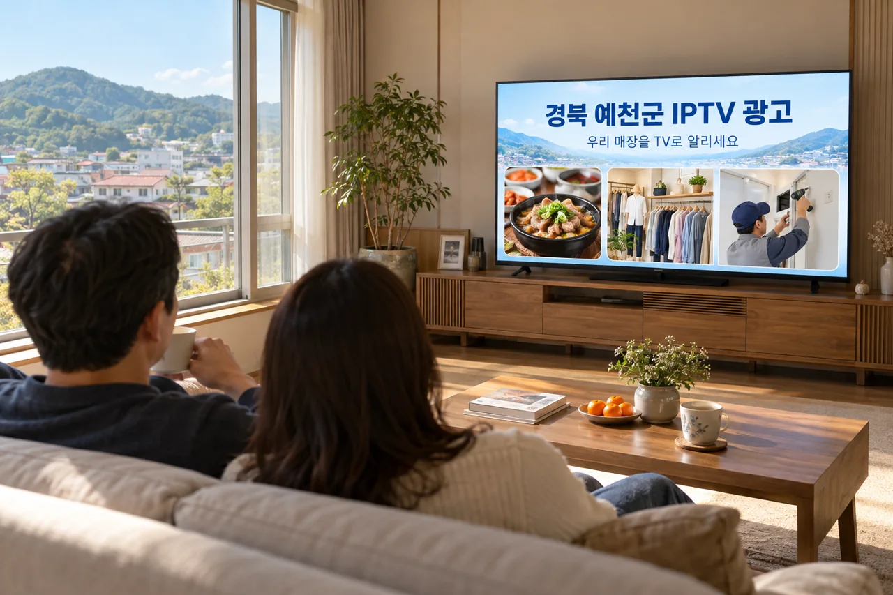 예천군 IPTV 광고 예시가 TV 화면에 나오는 거실 모습
