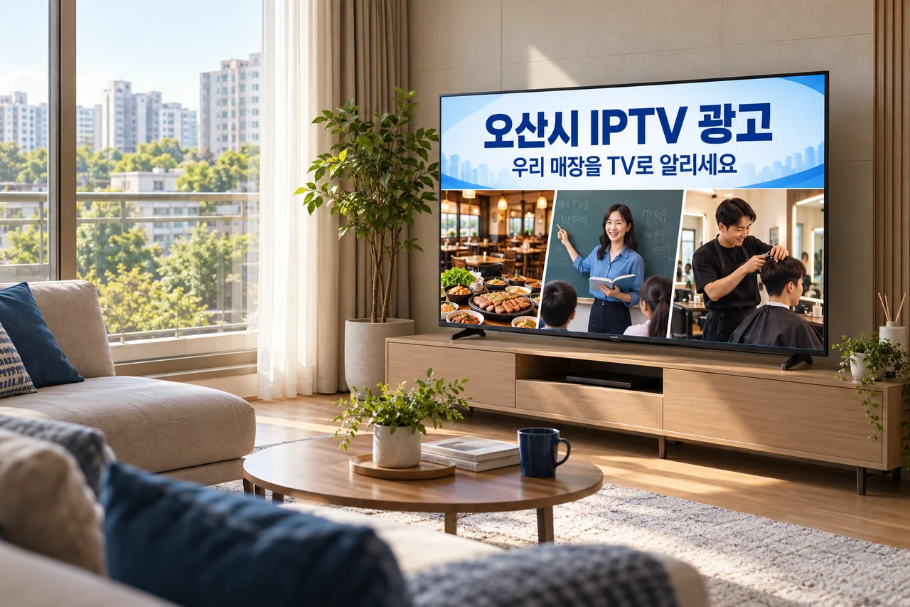 오산시 IPTV 광고 예시가 TV 화면에 나오는 거실 모습