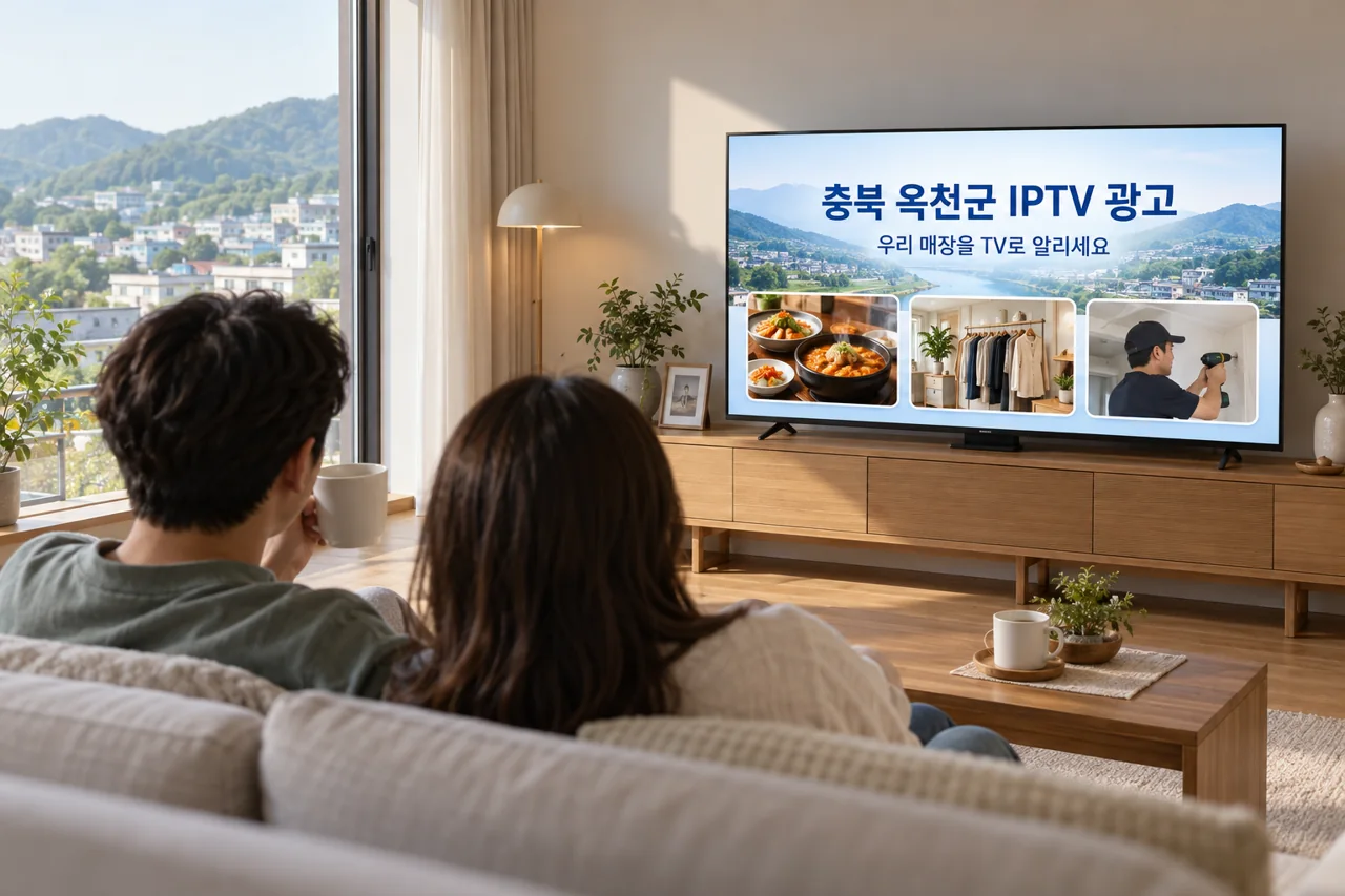 옥천군 IPTV 광고 예시가 TV 화면에 나오는 거실 모습