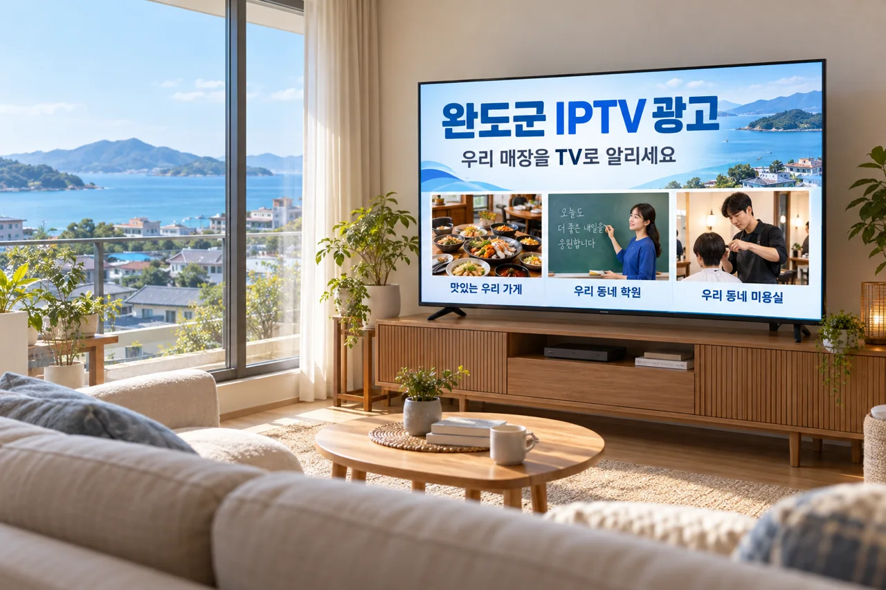 완도군 IPTV 광고 예시가 TV 화면에 나오는 거실 모습