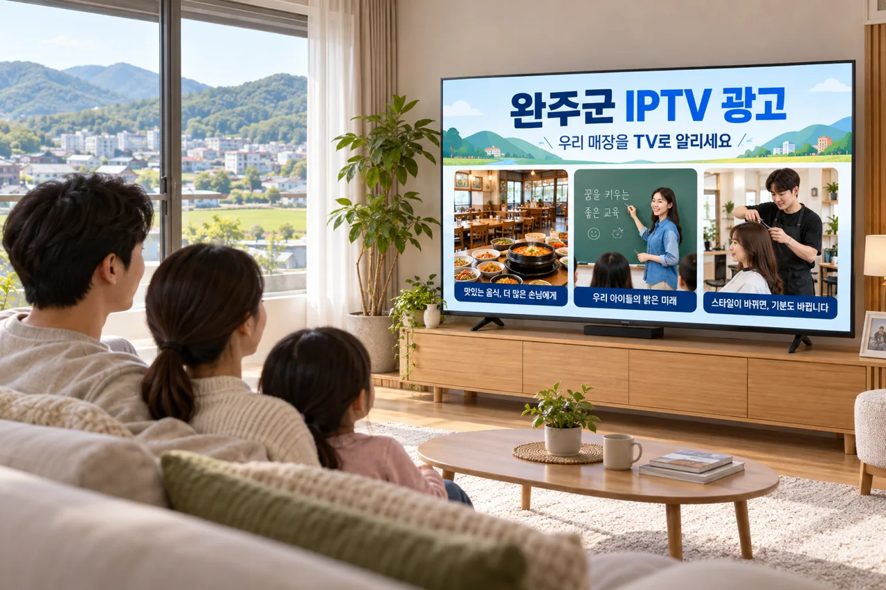완주군 IPTV 광고 예시가 TV 화면에 나오는 거실 모습