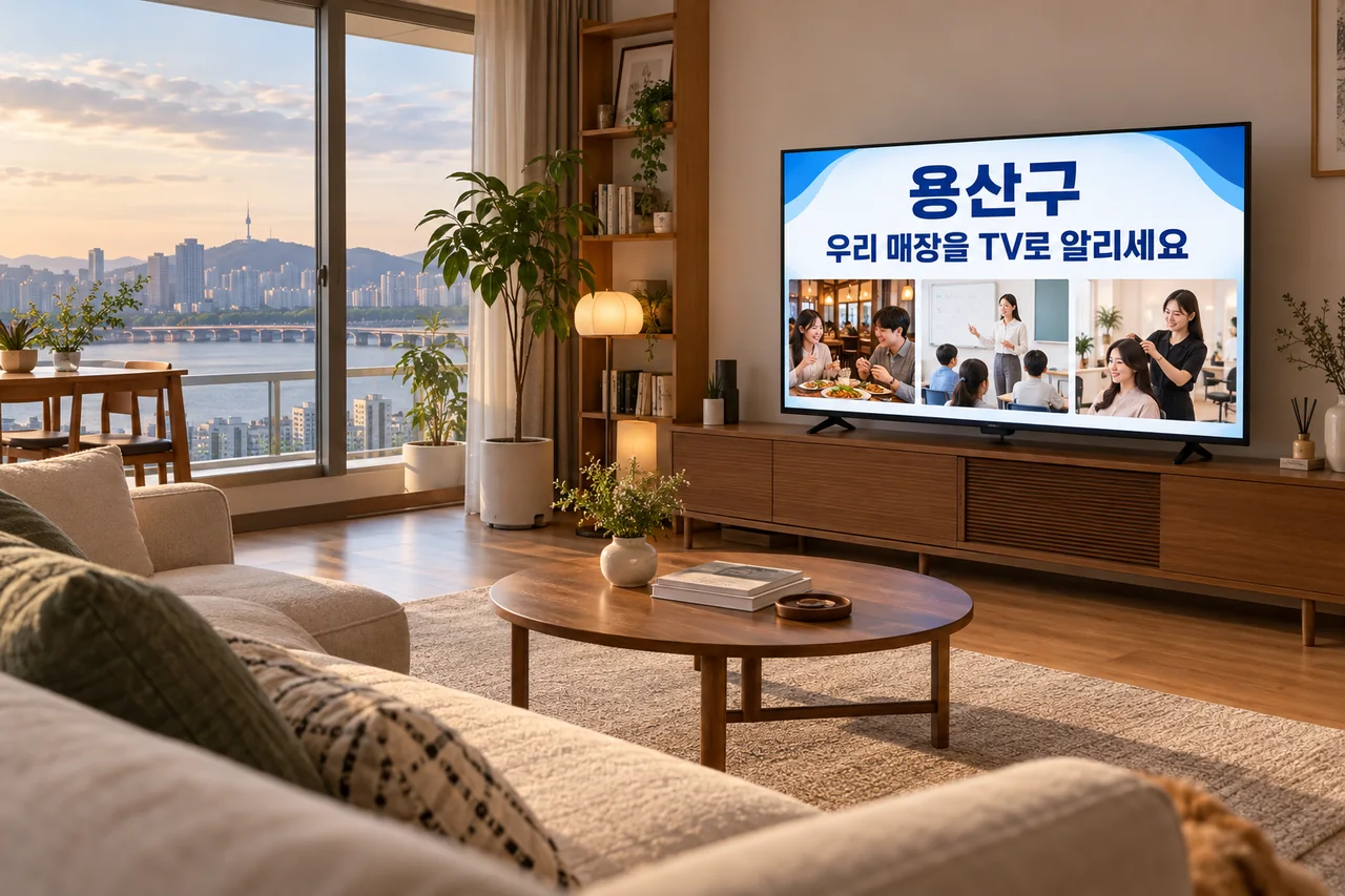 용산구 IPTV 광고 예시가 TV 화면에 나오는 거실 모습