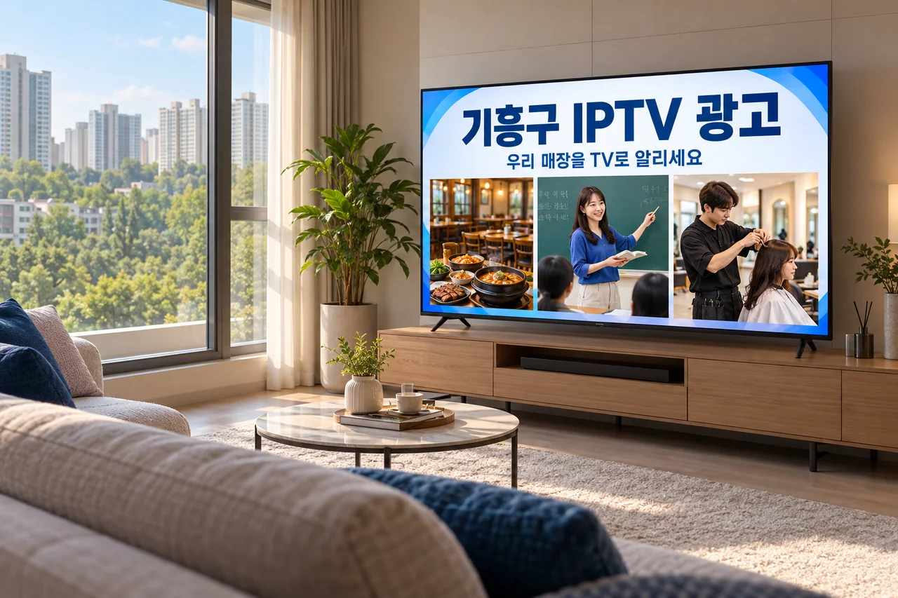 기흥구 IPTV 광고 예시가 TV 화면에 나오는 거실 모습