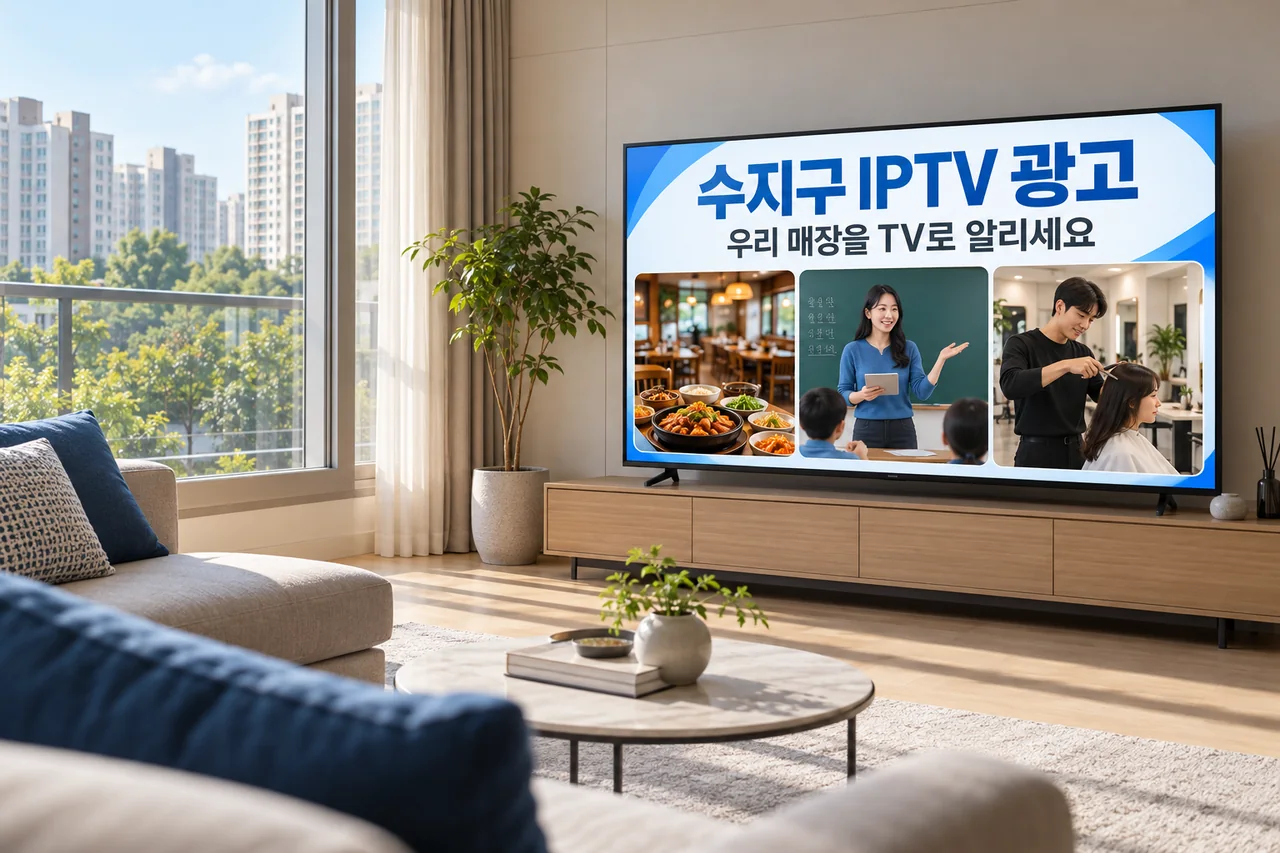 수지구 IPTV 광고 예시가 TV 화면에 나오는 거실 모습