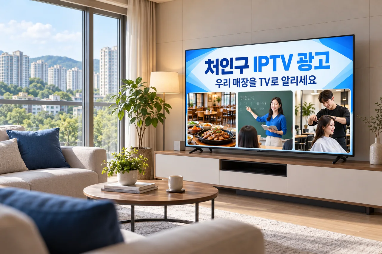 처인구 IPTV 광고 예시가 TV 화면에 나오는 거실 모습