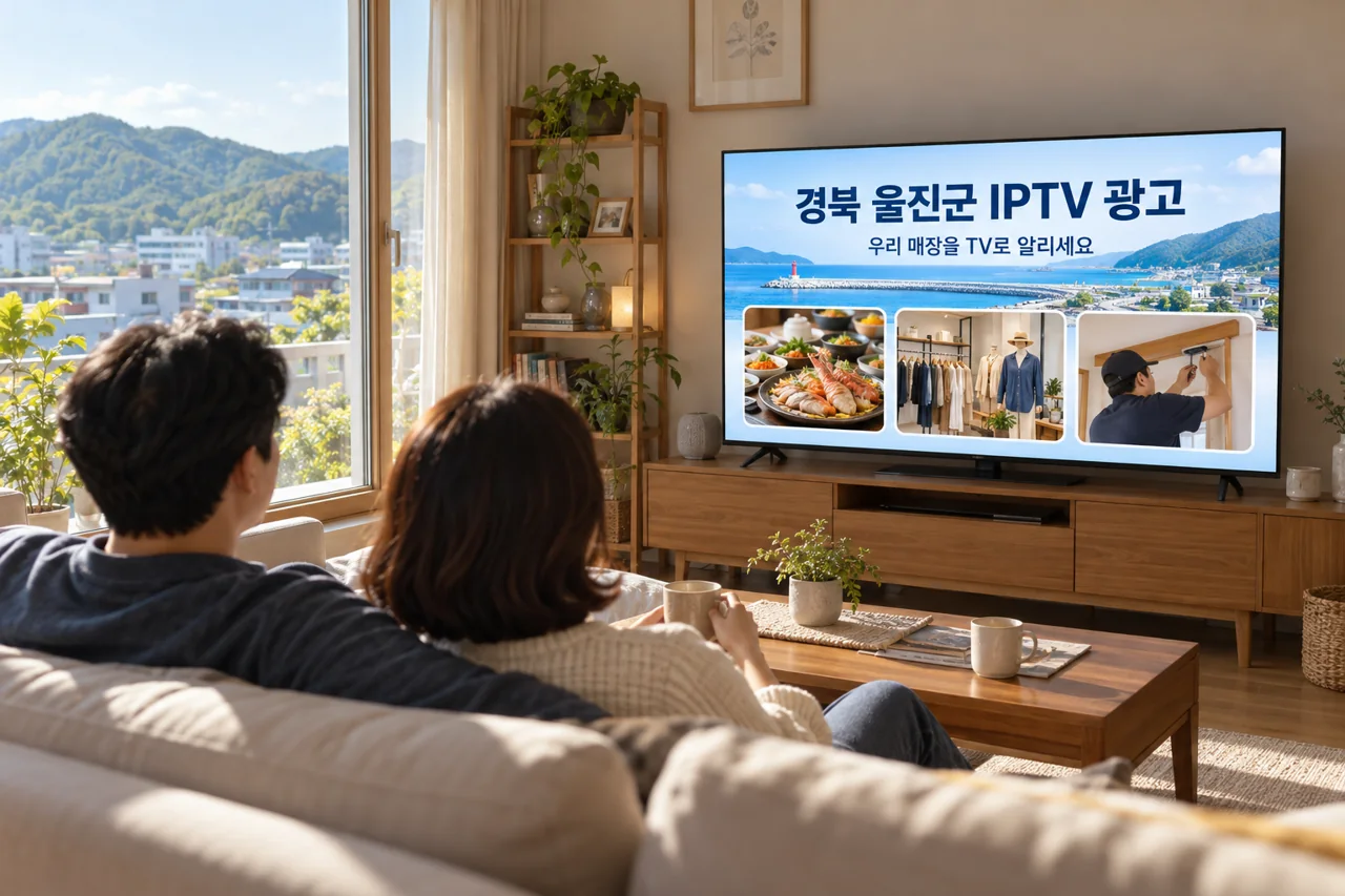 울진군 IPTV 광고 예시가 TV 화면에 나오는 거실 모습