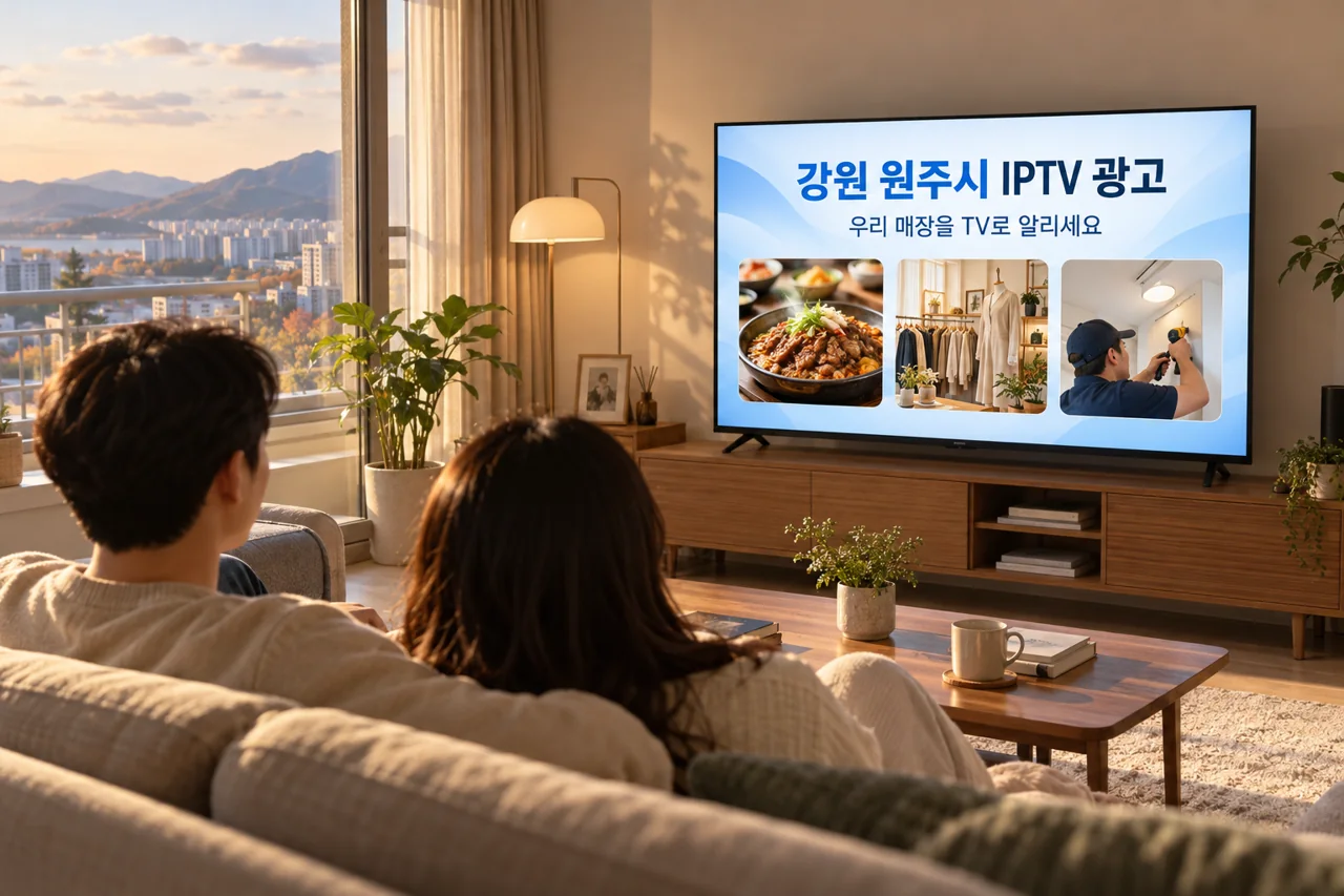 원주시 IPTV 광고 예시가 TV 화면에 나오는 거실 모습