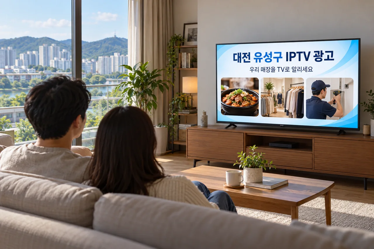 유성구 IPTV 광고 예시가 TV 화면에 나오는 거실 모습